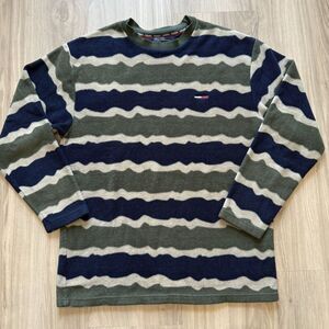 Vtg Y2K Tommy Jeans Crewneck Fleece L Camo Stripe Navy Green Hilfiger 2000 Read